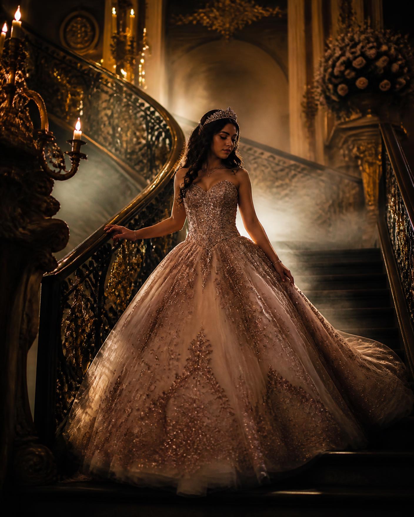 Quinceañera descending a grand staircase in a couture ballgown